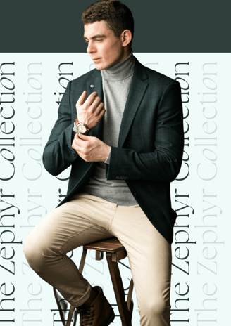 a man in a suit and turtle neck sweater