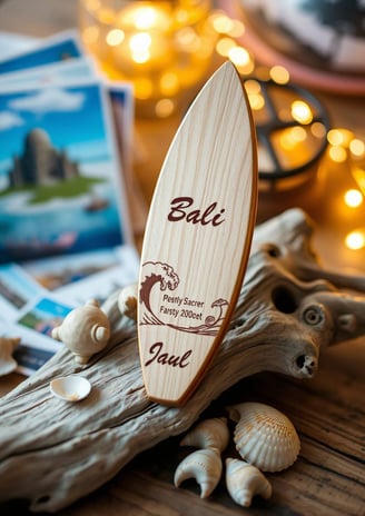 a surfboard with a wooden sign that says balii