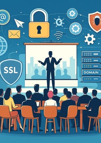 a man in a suit and tie is standing in front of a presentation screen with