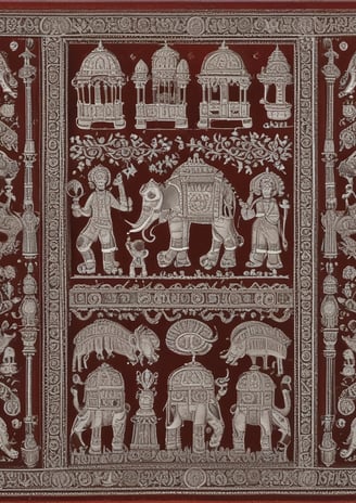 Four intricately designed Rajasthani puppets hang against a colorful backdrop. Each puppet is adorned in traditional attire with vibrant patterns and detailed facial features. They are dressed in long gowns with elaborate embroidery, showcasing a rich cultural heritage.