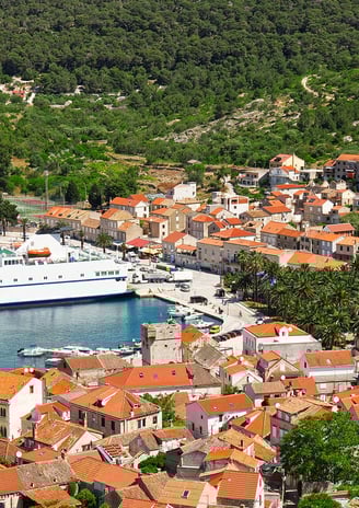 Island of Vis bay aerial drone view , Croatia.