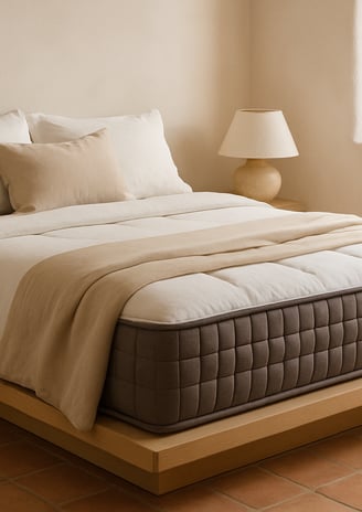 Cama con colchón viscoelástico sobre base de madera en dormitorio minimalista mediterráneo con luz n