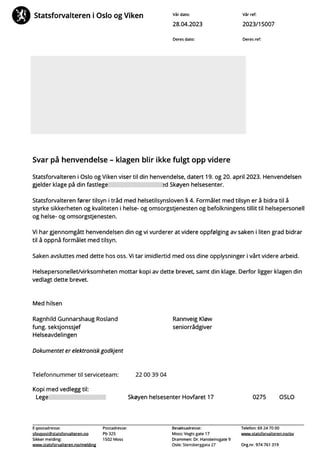 Statsforvalteren, Dr. Christer Torgilstveit Larsen, oslo kommune frogner helse, medpoint as,fastlege