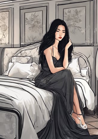 a woman in a black dress sitting on a bed
