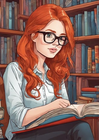 a woman in glasses and a white shirt is sitting in a chair