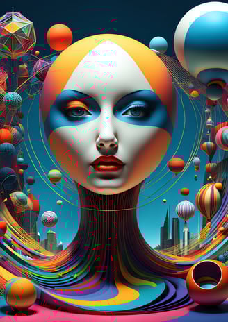 An AI artistic surrealistic painting of the head of a female android amidst a whirlwind of spheres