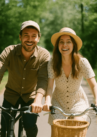 Un couple à vélo pour la journée mondiale de la bicyclette