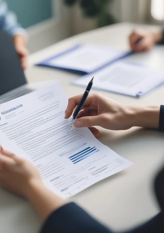 A person is holding a resume in front of them while sitting at a white table. Another person, slightly blurred, is seated across the table. The resume has a blue header with the name and title 'Lauren Chen, Digital Marketing Specialist'. Sections visible include contact information, education, and professional experience.