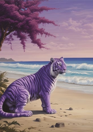 peinture surréaliste XXe siècle représentant un tigre violet dans un horison fantaisiste magnifique