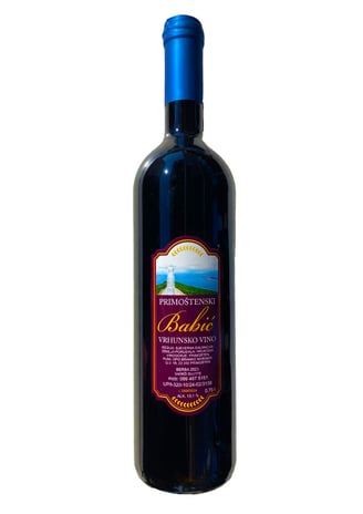 Bottle of Premium Babić red wine from Primošten, a full-bodied Dalmatian variety by OPG Branko Marin