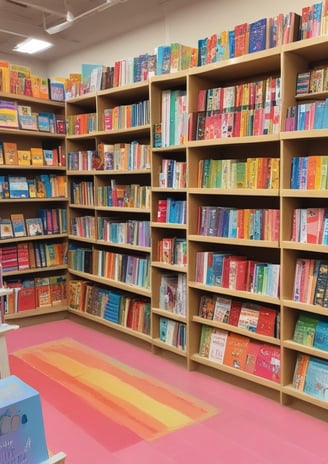 A store shelf filled with various colorful stationery items and art supplies, including pens, pencils, notebooks, and paint sets. The shelves are well-organized, displaying products in various vibrant packages. Some toy items and educational kits are also visible.