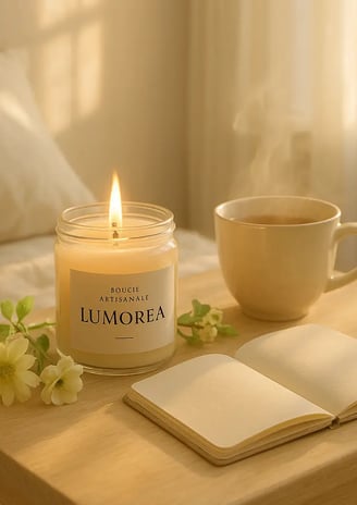 <img alt="Bougie naturelle Lumoréa parfum fleur de coton sur table de chevet" …>