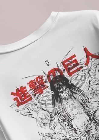 a white t - shirt with a drawing of a eren from attack on titan