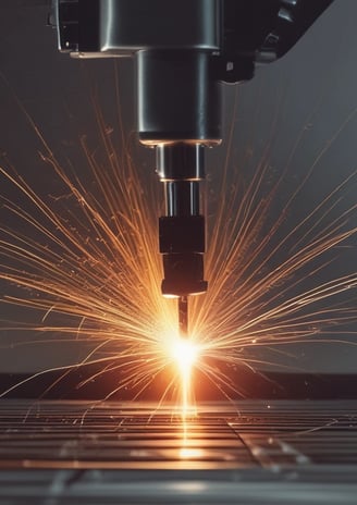 A laser engraving or cutting machine is positioned above a metallic surface, with its nozzle directed downward. The machine features warning labels, and the environment appears industrial, with a grid-like surface underneath.