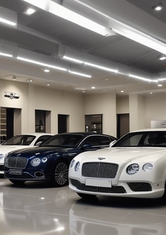 The interior of a car dealership is visible through a glass window that has bold lettering advertising sales of cars and vans. Several vehicles, including a white compact car, are arranged inside a well-lit showroom. A television screen mounted on the wall displays an image, while the room also contains various equipment and items.