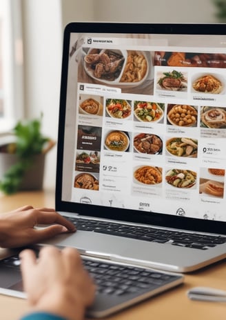A person is using a laptop, navigating through thefood delivery website. The screen displays various food items available for delivery in Montreal, QC, including options like McDonald's and Thai Express. The person appears to be browsing with their hand near the trackpad.