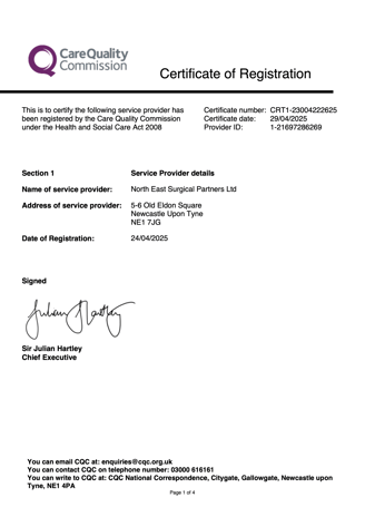 CQC certificate for Eldon Aesthetics and Skin Surgery Clinic Newcastle