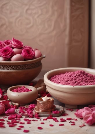 Earthware bowls containing rose petals and clay powders used in Moroccan bath rituals, showcasing a serene and southing scene