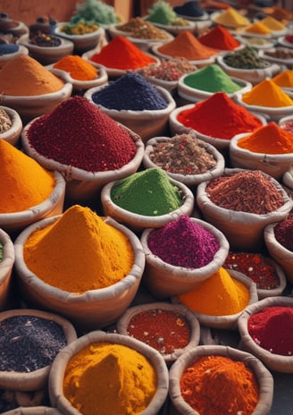 Picture of a Moroccan spice market with multiple pyramids of vibrantly coloured spices like chilli powder and henna 