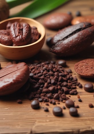 Two dried vanilla beans are positioned upright against a plain beige background. The beans are dark brown, slightly twisted, and have a rough texture.