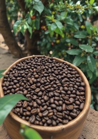 A large number of roasted coffee beans scattered across a white surface, with a rectangular white dish at the center containing two pieces of brown, rustic-looking soap. The coffee beans are evenly spread both on and around the dish.