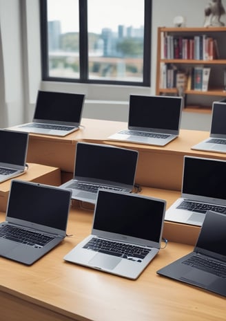 Several desktop computer towers are lined up on the floor next to each other. The computers are placed under a table in an indoor setting. The visible brands include Acer and other unspecified brands. The towers have multiple drive slots and ports visible on the front panels.