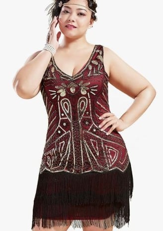 BABEYOND Women's Plus Size Flapper Dresses 1920s V Neck Beaded Fringed Great Gatsby Dress