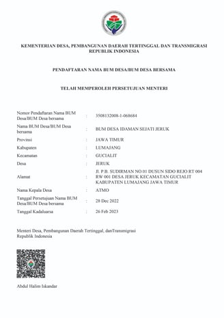 Pendaftaran Nama BUMDes Idaman Sejati