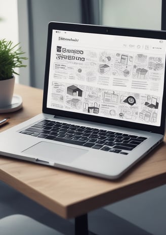 A laptop displaying a website design with the phrase 'Build your dream website.' next to a minimalistic building image. The scene also includes a modern mug and a smartphone placed on a wooden desk.
