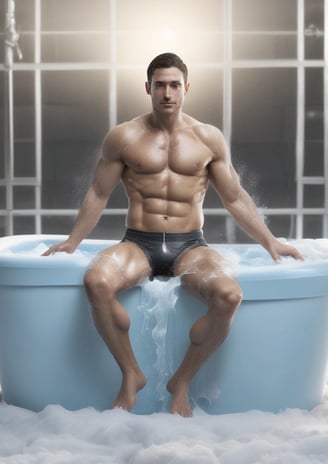 A person is submerged in a tub filled with ice, wearing a black swimsuit. The scene is set outdoors near a garage, with power lines visible in the background.