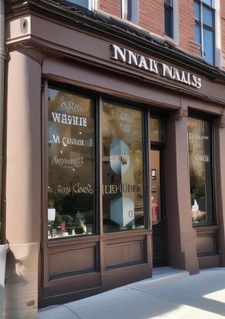 A storefront featuring a nail spa and Thai bodywork shop is illuminated by vibrant neon signs. The red neon sign for the nail spa is prominently displayed on the left, while the right side has a green and blue neon sign for Thai bodywork. Reflections of city lights can be seen on the wet pavement in front.
