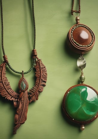 A street market stall features an array of handmade jewelry displayed on wooden platforms and circular trays. The crafts include necklaces and bracelets, emphasizing a rustic, natural aesthetic. Signs in the background suggest a theme of returning to nature. The setting has a casual, artisanal vibe.