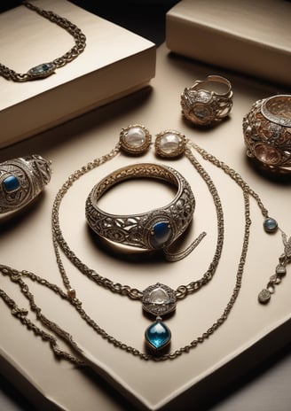 A collection of vintage-style jewelry pieces is displayed on a surface, including various earrings and pendants with intricate designs. Some notable items include a large round pendant with an engraving of Big Ben and the word 'LONDON,' a heart-shaped gold pendant, and ornate silver pieces with floral or geometric patterns.