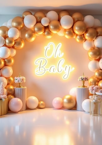 Elegant indoor luxury baby shower setup featuring pastel balloon garlands, 'Oh Baby' neon sign backdrop, decorated cylinders,