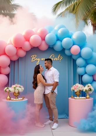 Luxury gender reveal party scene featuring a happy couple celebrating amidst pink and blue smoke, elegant balloon garlands, a