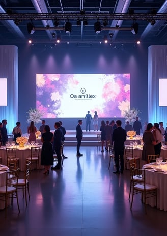 Luxury corporate event setup in Miami featuring branded LED stage, elegant tables with gold Chiavari chairs, minimalist flora