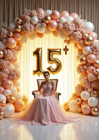 Luxury Quinceañera setup in Miami featuring floral arches, gold '15' numbers, metallic balloon garlands, and elegant throne c