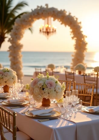 Elegant beachfront wedding setup featuring gold Chiavari chairs, acrylic tables, white and blush floral arrangements, and pre
