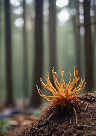A vibrant red mushroom with white spots is growing in a natural forest setting. The cap is covered in distinct, raised white patches, and it stands out against a blurred background of green foliage and earthy tones. The stem is white and firm, emerging from the soil with some small twigs and leaves around.