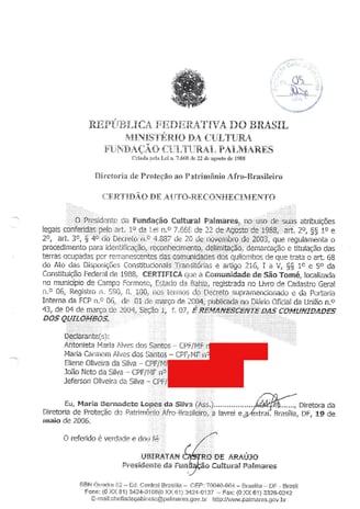 Certidão de auto-reconhecimento da Comunidade Quilombola de São Tomé, emitida pela Fundação Cultural