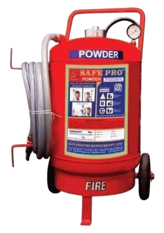 a wheeled powder fire extinguisher DCP 75 kg of SK Fire Protection shown in this picture