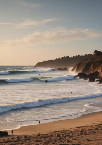 A group of people wearing bright green and red clothing gather in a circle on a sandy beach, surrounded by colorful surfboards arranged like a sunburst. The ocean waves gently roll towards the shore in the background.