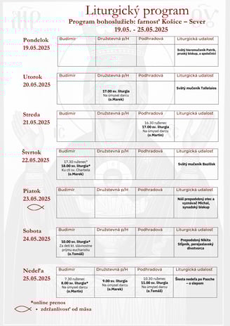Liturgický program farnosti – týždenný rozpis bohoslužieb a udalostí