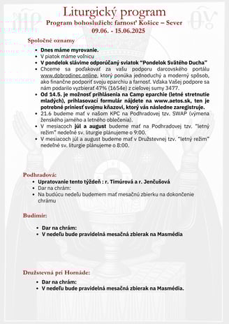 Liturgický program farnosti – týždenný rozpis bohoslužieb a udalostí