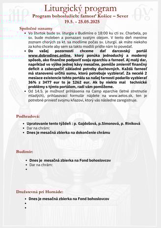 Liturgický program farnosti – týždenný rozpis bohoslužieb a udalostí
