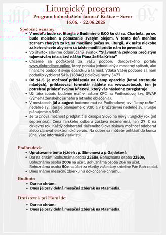 Liturgický program farnosti – týždenný rozpis bohoslužieb a udalostí