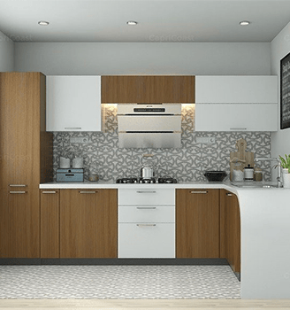 a kitchen with a white counter top and a potted plant