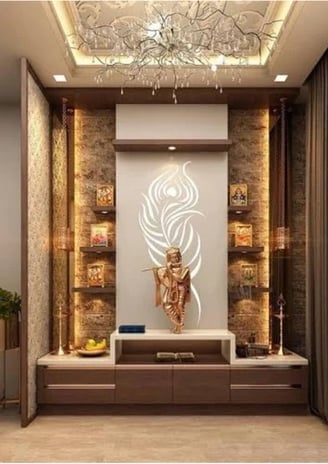 a pooja room with a large wall mounted 
