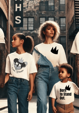 Group of people wearing different but coordinated Cure Trendy graphic tees, walking confidently 