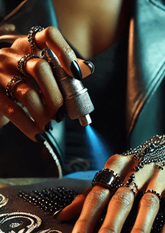 Close-up of hands creating a custom fashion piece in a sunlit studio, highlighting the process